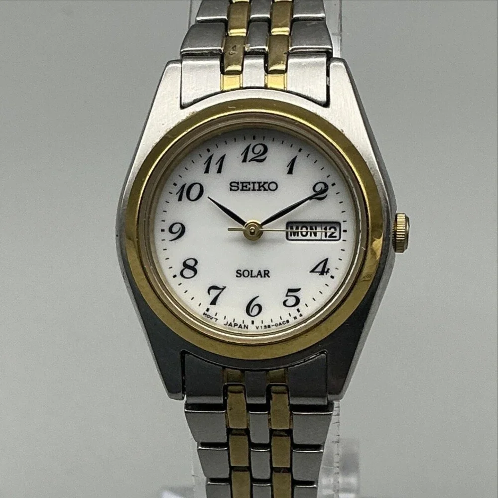 Seiko Solar Womens Watch 25mm V138-0AA0 Two Tone Day Date Bracelet 6.5